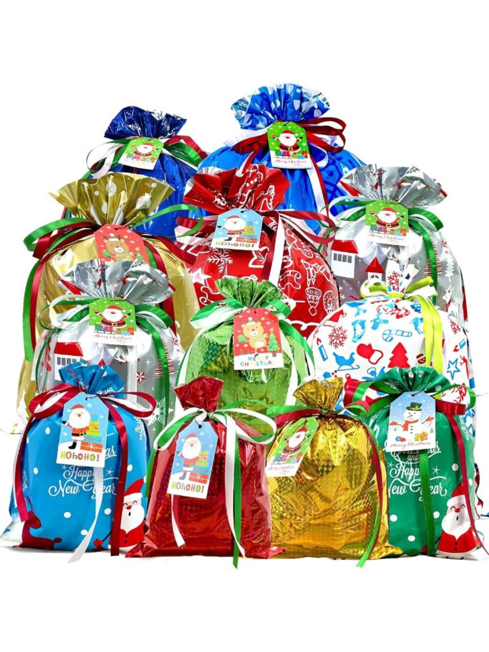 38PCS Assorted Christmas Drawstring Gift Bags - Small, Medium, Large Sizes